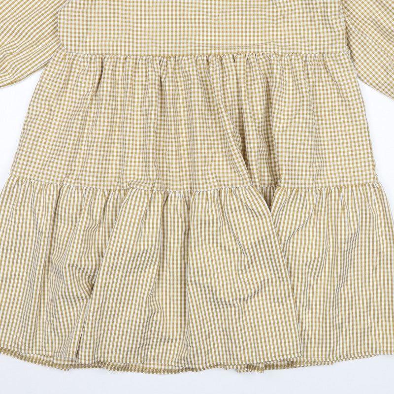 Boohoo Women Beige Gingham UK 12 A-Line Tiered Knee Dress