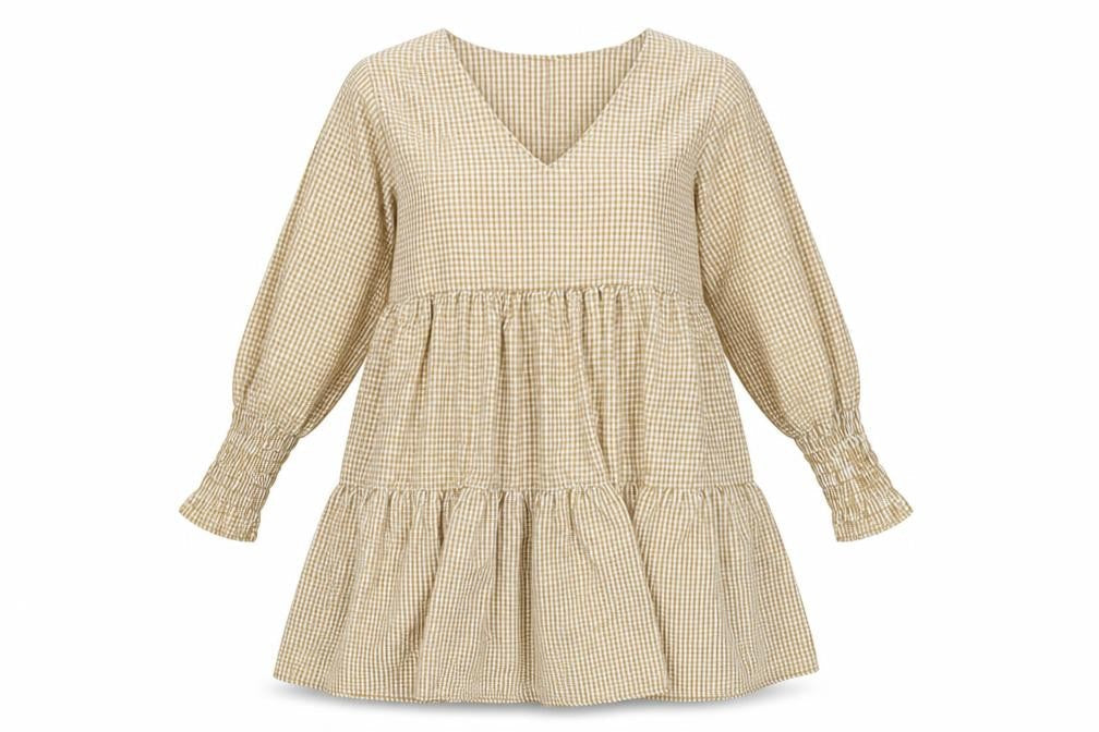 Boohoo Women Beige Gingham UK 12 A-Line Tiered Knee Dress