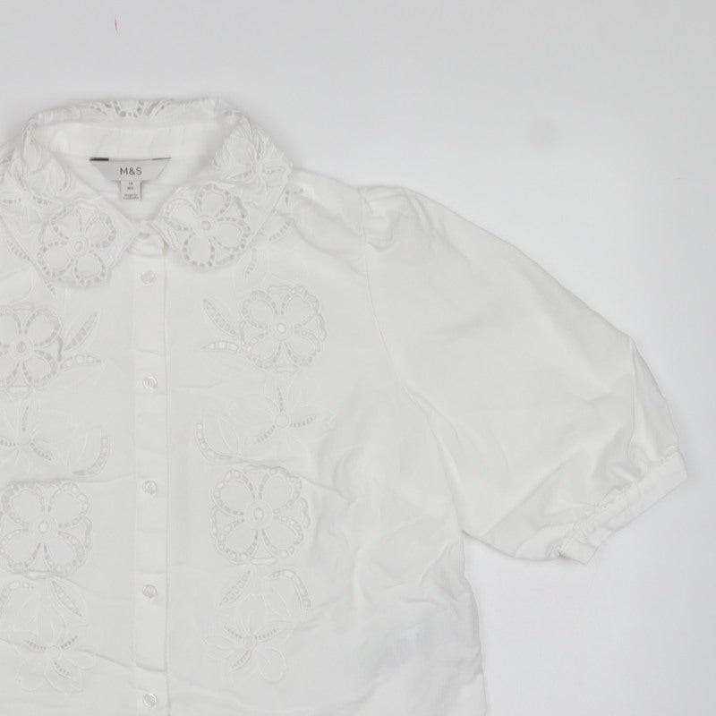 Marks and Spencer Women’s White Size 14 Floral Embroidered Button Blouse