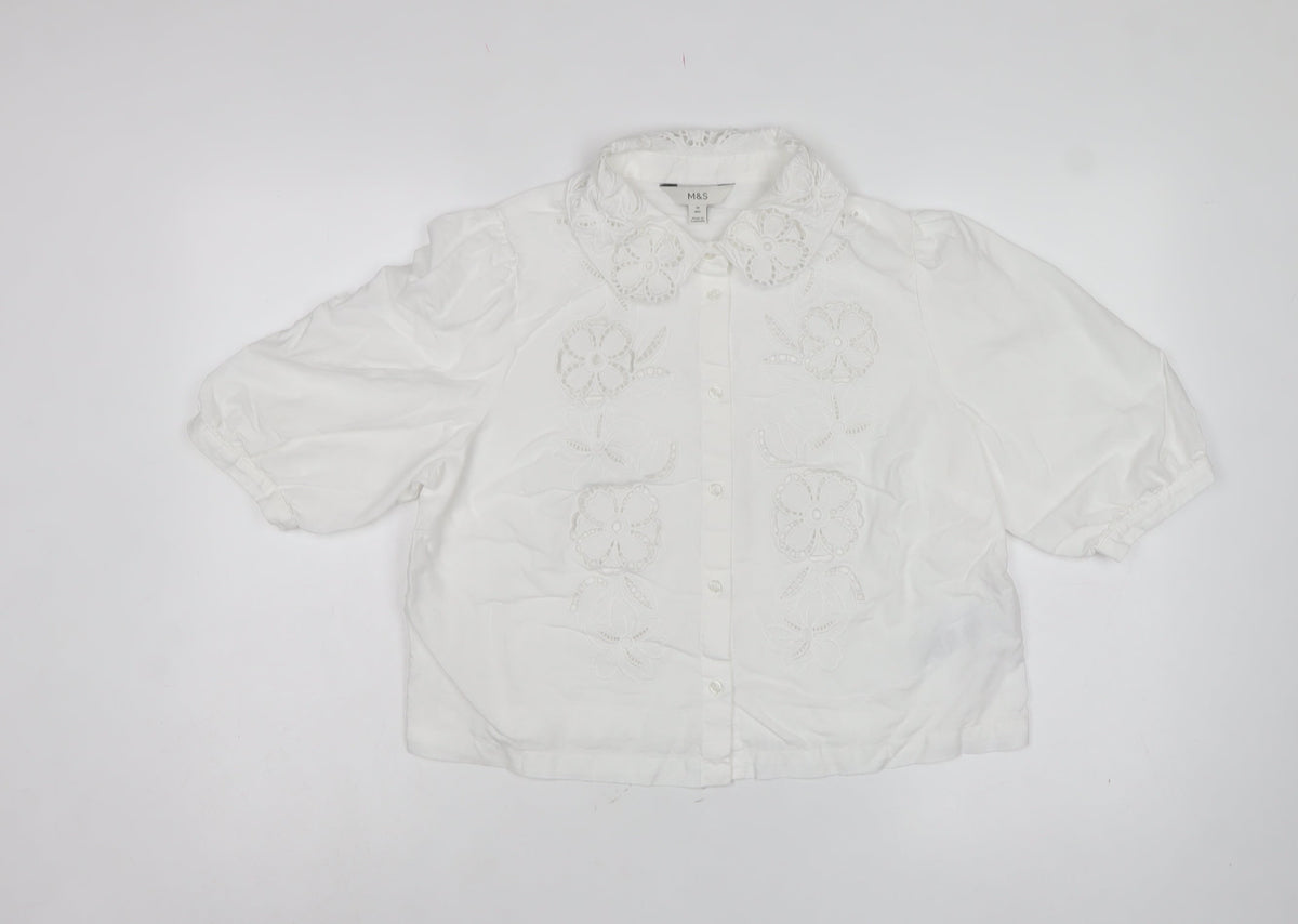Marks and Spencer Women’s White Size 14 Floral Embroidered Button Blouse