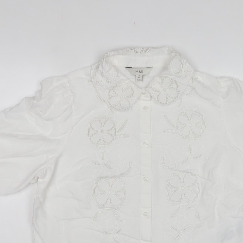 Marks and Spencer Women’s White Size 14 Floral Embroidered Button Blouse