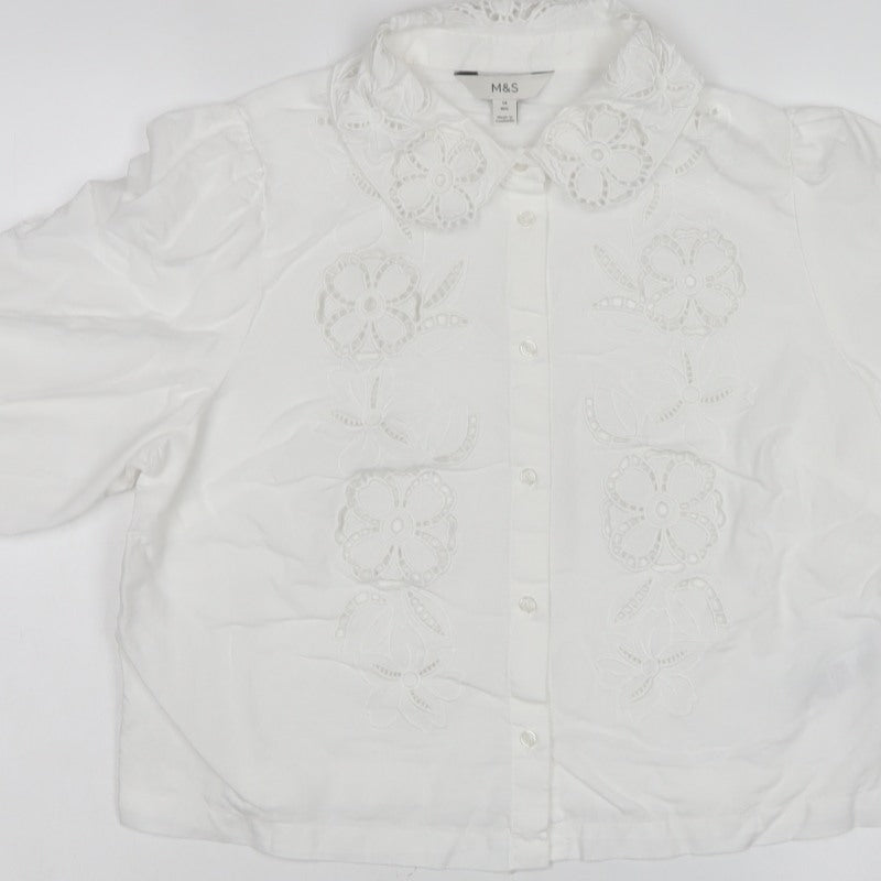 Marks and Spencer Women’s White Size 14 Floral Embroidered Button Blouse