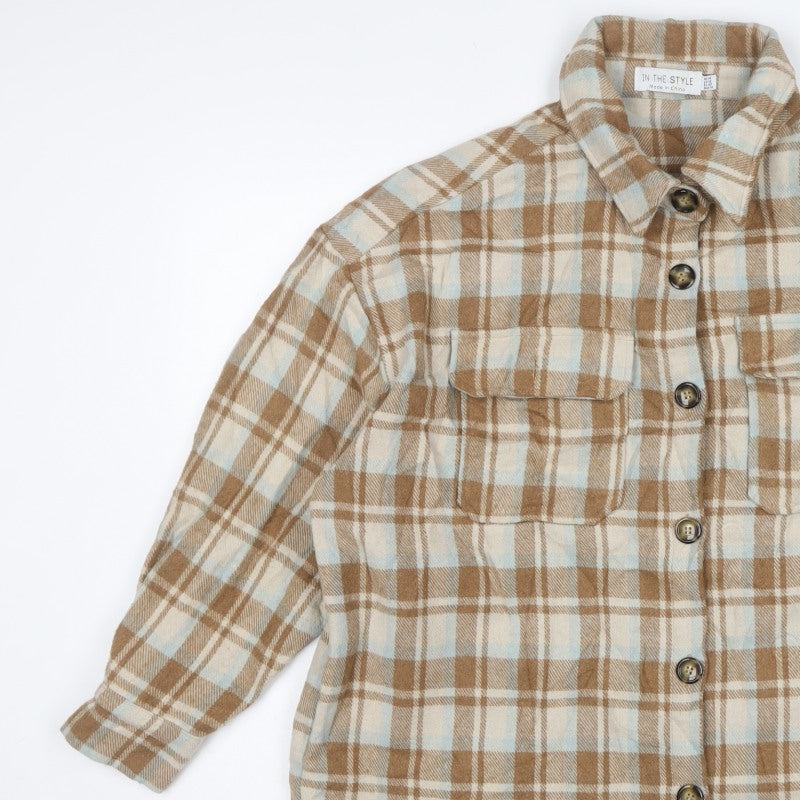 In The Style Women’s Brown Plaid Shacket Jacket UK 14 Button Front