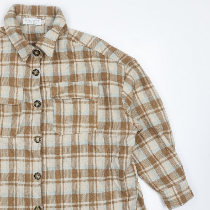 In The Style Women’s Brown Plaid Shacket Jacket UK 14 Button Front