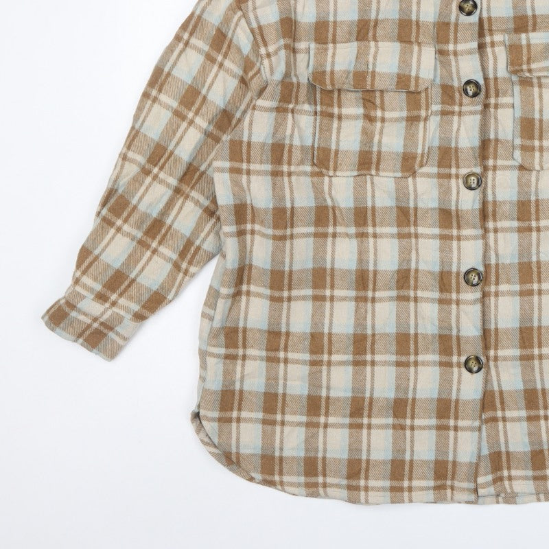 In The Style Women’s Brown Plaid Shacket Jacket UK 14 Button Front
