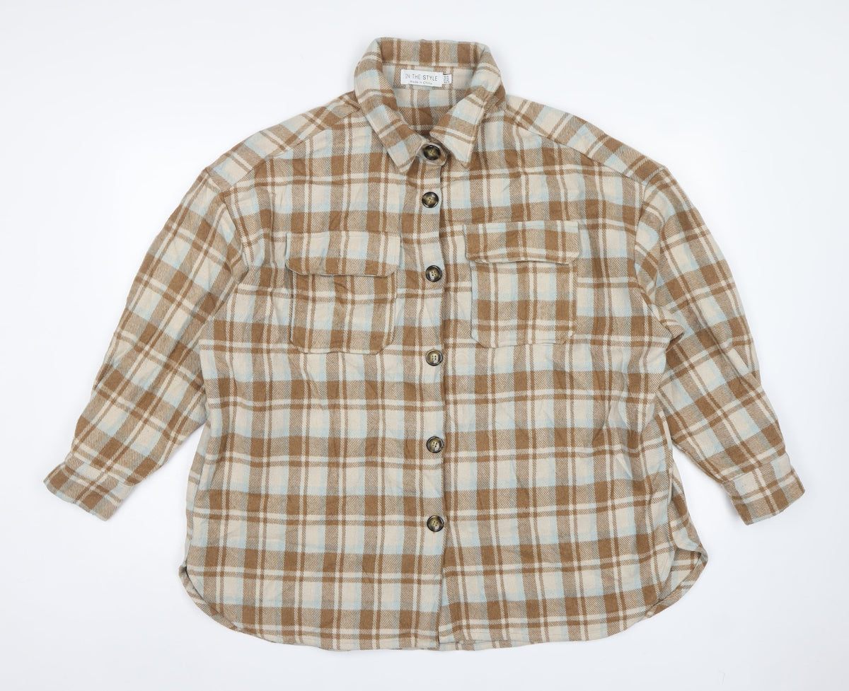 In The Style Women’s Brown Plaid Shacket Jacket UK 14 Button Front