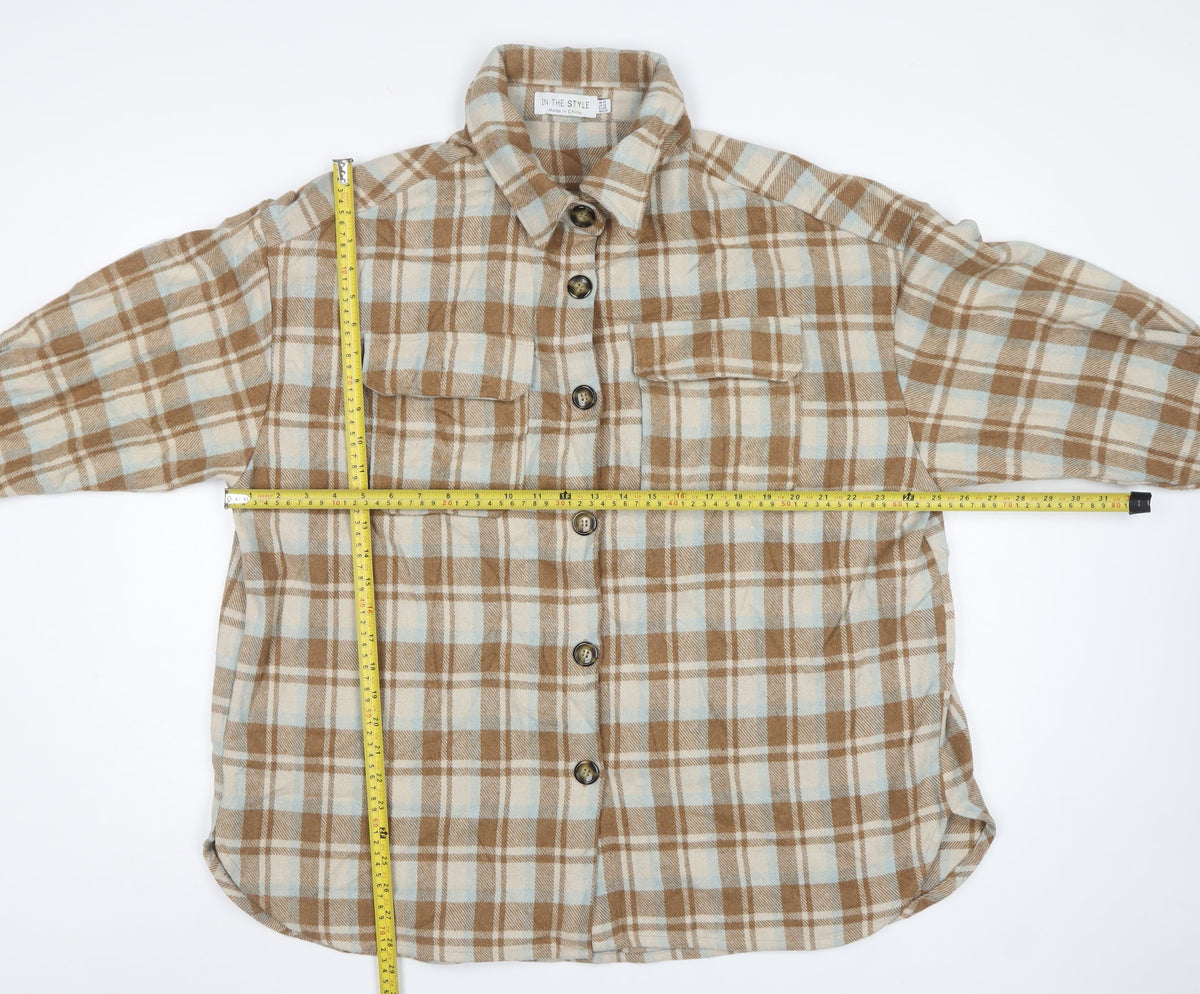In The Style Women’s Brown Plaid Shacket Jacket UK 14 Button Front
