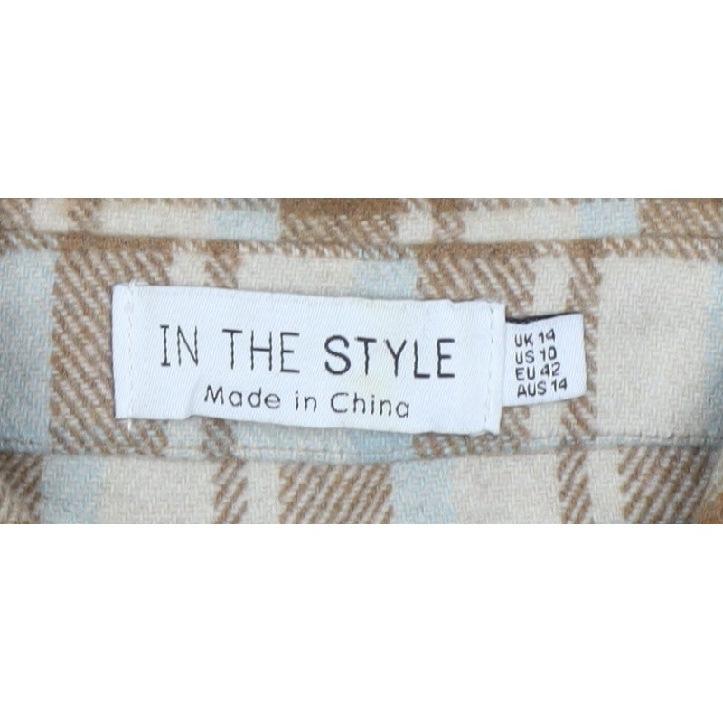 In The Style Women’s Brown Plaid Shacket Jacket UK 14 Button Front