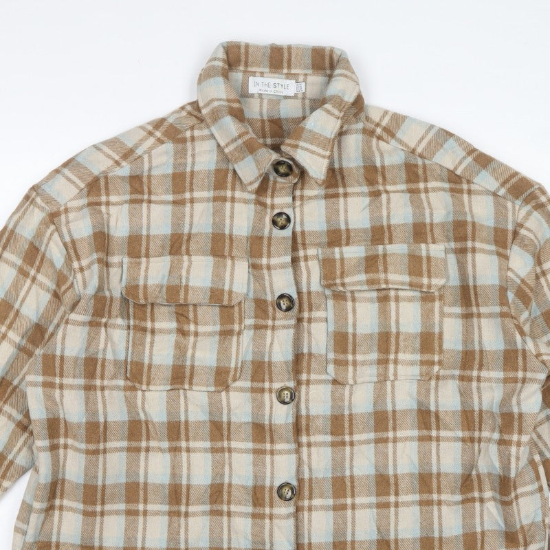 In The Style Women’s Brown Plaid Shacket Jacket UK 14 Button Front