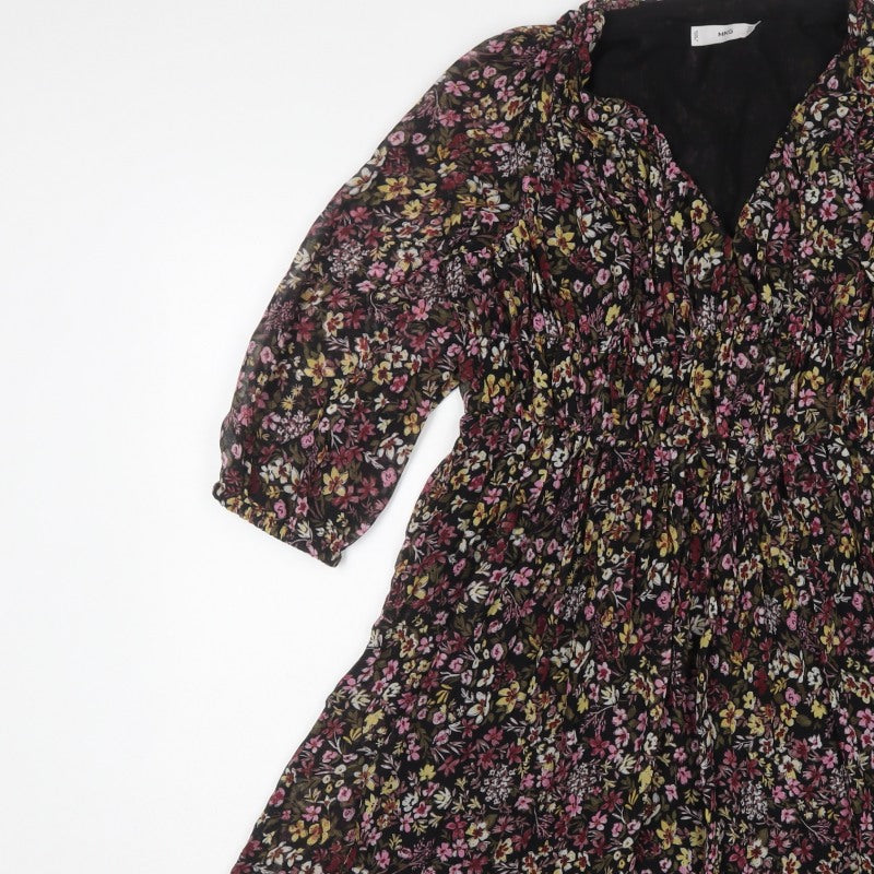 Mango Women Black Floral Fit & Flare Knee Dress UK 10 Balloon Sleeve