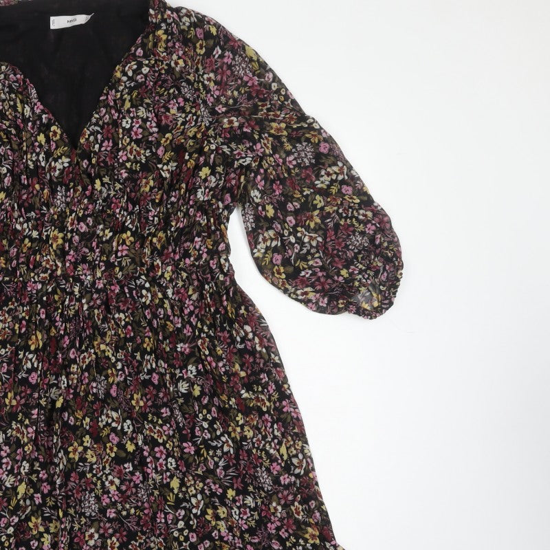 Mango Women Black Floral Fit & Flare Knee Dress UK 10 Balloon Sleeve