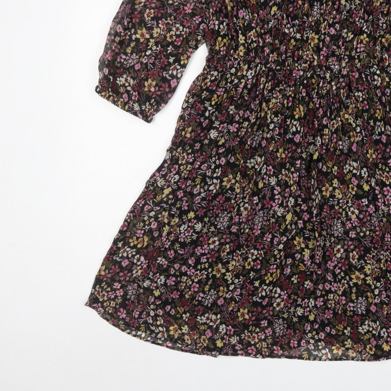 Mango Women Black Floral Fit & Flare Knee Dress UK 10 Balloon Sleeve