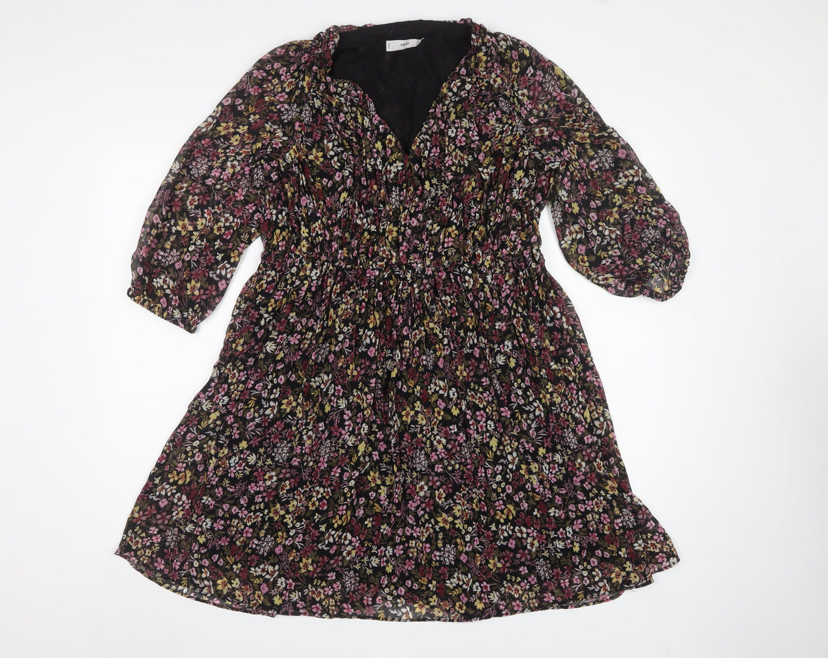 Mango Women Black Floral Fit & Flare Knee Dress UK 10 Balloon Sleeve