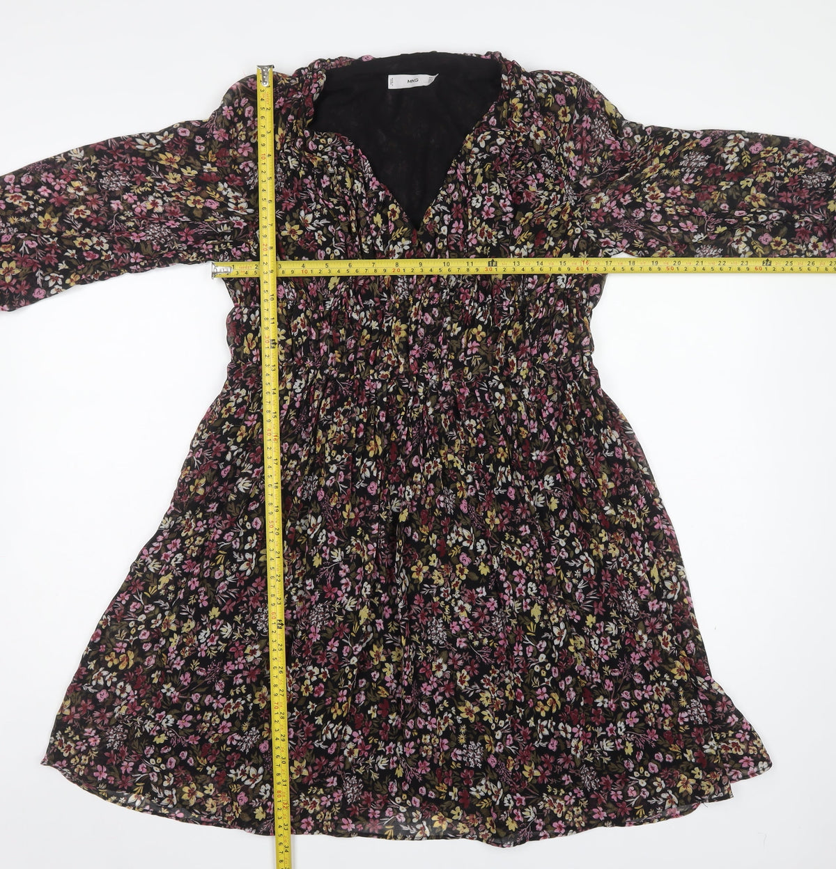 Mango Women Black Floral Fit & Flare Knee Dress UK 10 Balloon Sleeve