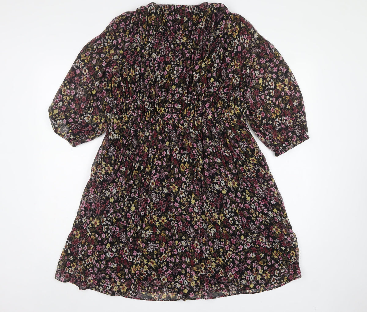 Mango Women Black Floral Fit & Flare Knee Dress UK 10 Balloon Sleeve