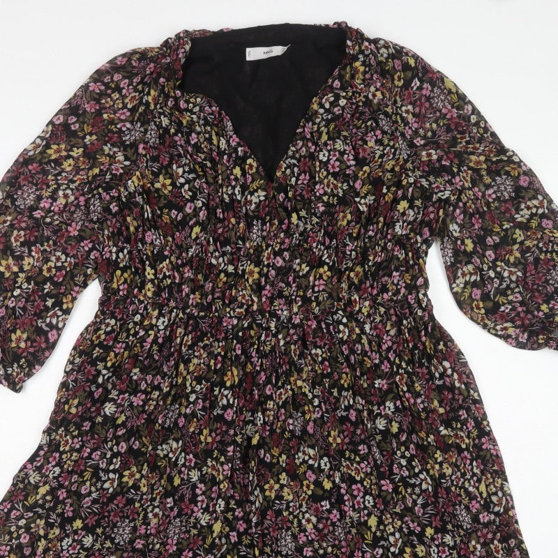 Mango Women Black Floral Fit & Flare Knee Dress UK 10 Balloon Sleeve