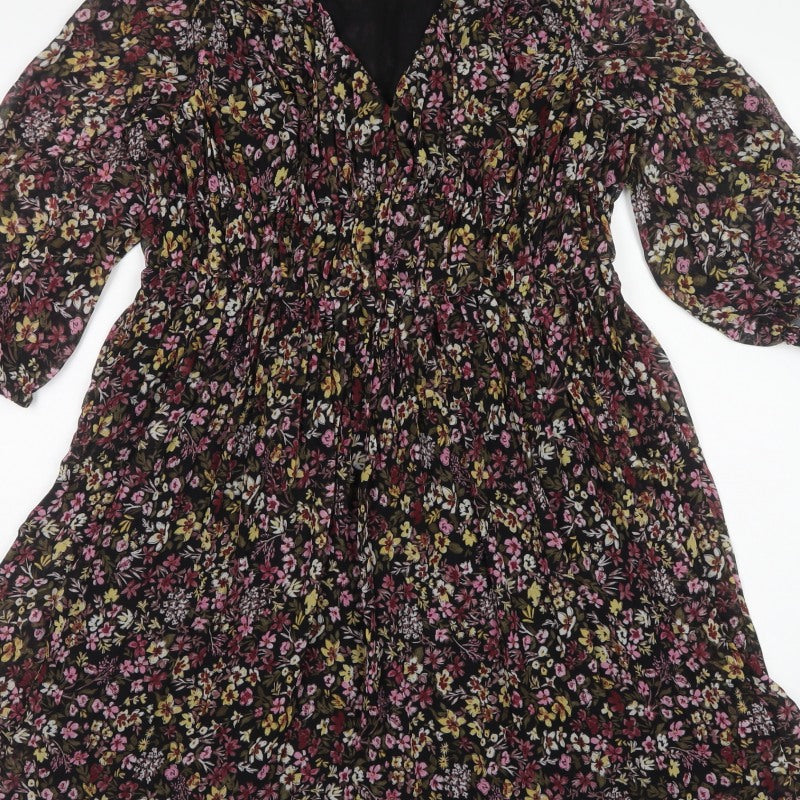 Mango Women Black Floral Fit & Flare Knee Dress UK 10 Balloon Sleeve