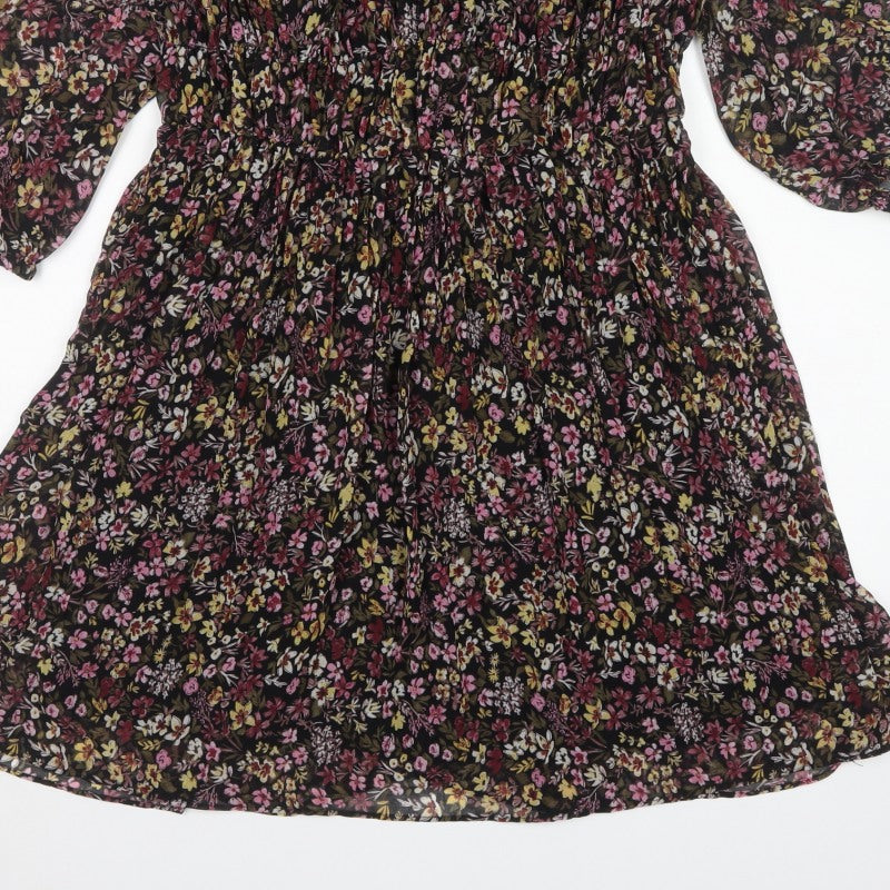 Mango Women Black Floral Fit & Flare Knee Dress UK 10 Balloon Sleeve