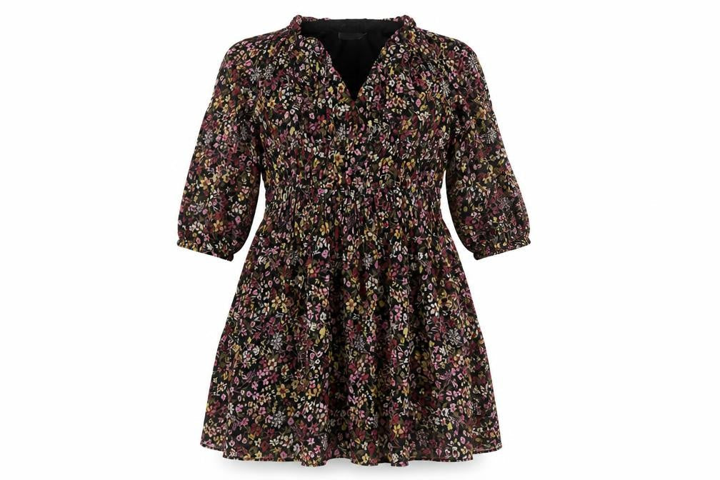 Mango Women Black Floral Fit & Flare Knee Dress UK 10 Balloon Sleeve