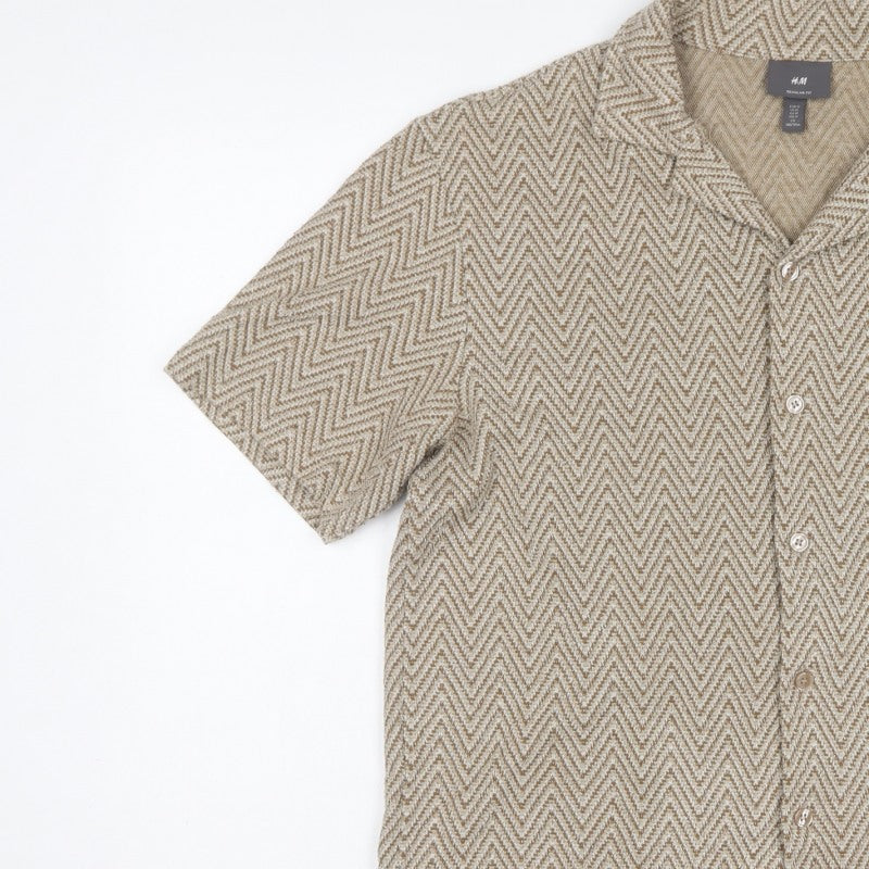 H&M Men's Beige Herringbone Short Sleeve Button-Up Shirt M Regular Fit