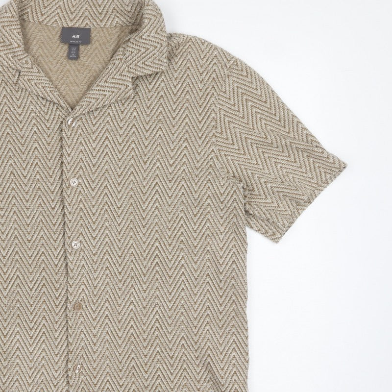 H&M Men's Beige Herringbone Short Sleeve Button-Up Shirt M Regular Fit