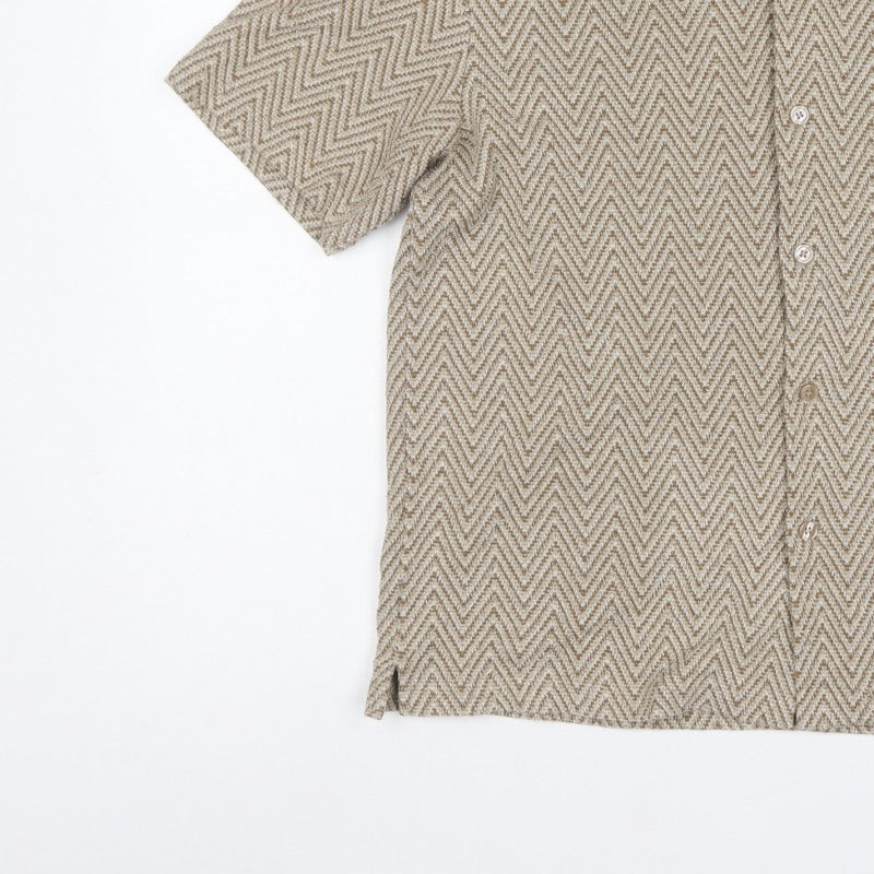 H&M Men's Beige Herringbone Short Sleeve Button-Up Shirt M Regular Fit
