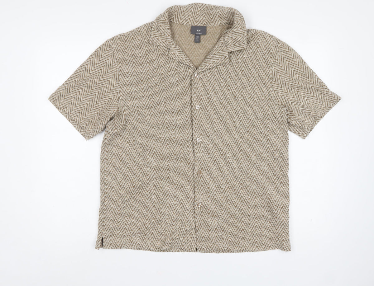 H&M Men's Beige Herringbone Short Sleeve Button-Up Shirt M Regular Fit