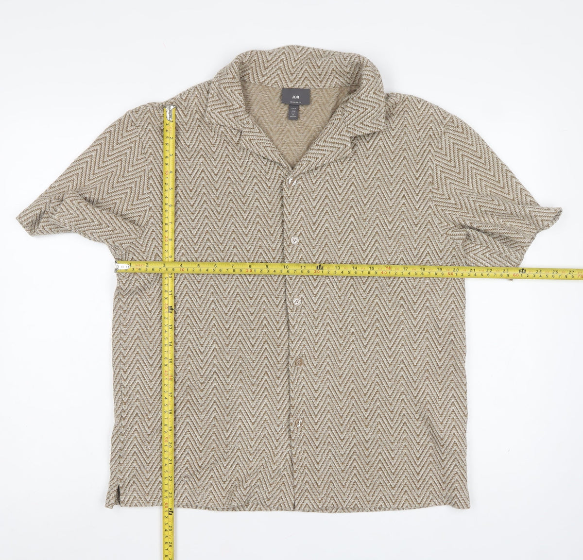 H&M Men's Beige Herringbone Short Sleeve Button-Up Shirt M Regular Fit