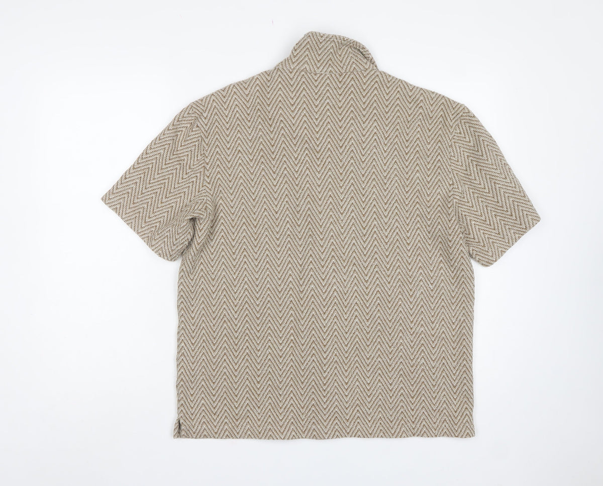 H&M Men's Beige Herringbone Short Sleeve Button-Up Shirt M Regular Fit
