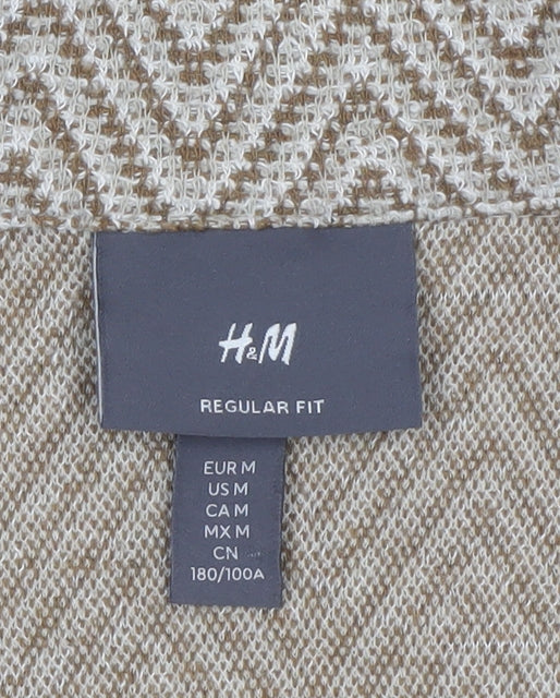 H&M Men's Beige Herringbone Short Sleeve Button-Up Shirt M Regular Fit