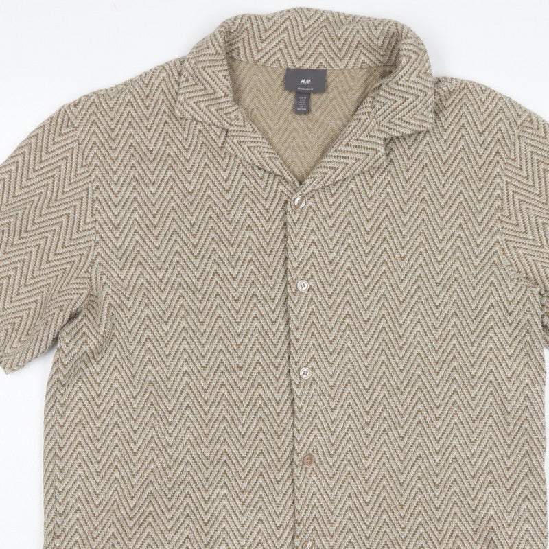 H&M Men's Beige Herringbone Short Sleeve Button-Up Shirt M Regular Fit