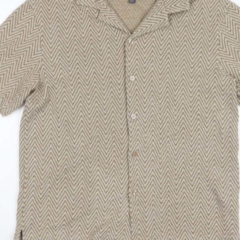 H&M Men's Beige Herringbone Short Sleeve Button-Up Shirt M Regular Fit