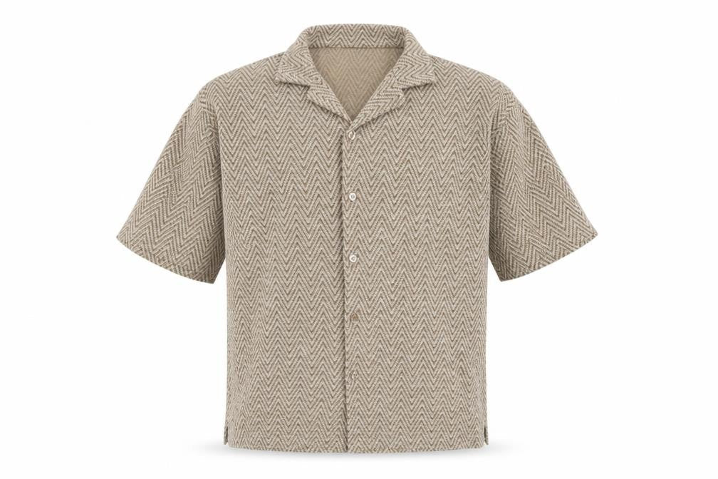 H&M Men's Beige Herringbone Short Sleeve Button-Up Shirt M Regular Fit