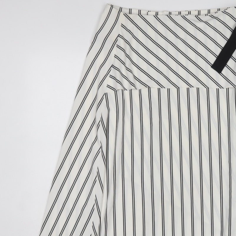 Marks & Spencer Women White Stripe UK 14 Wrap A-Line Midi Skirt