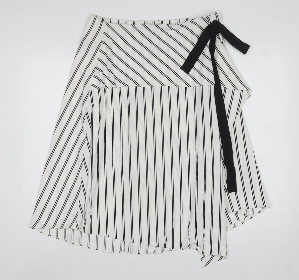 Marks & Spencer Women White Stripe UK 14 Wrap A-Line Midi Skirt