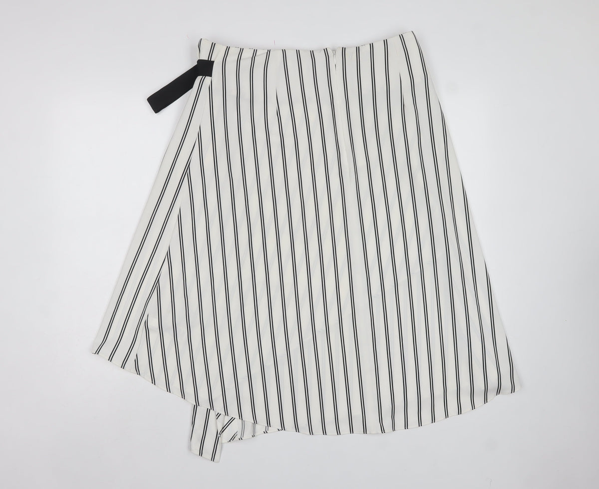 Marks & Spencer Women White Stripe UK 14 Wrap A-Line Midi Skirt