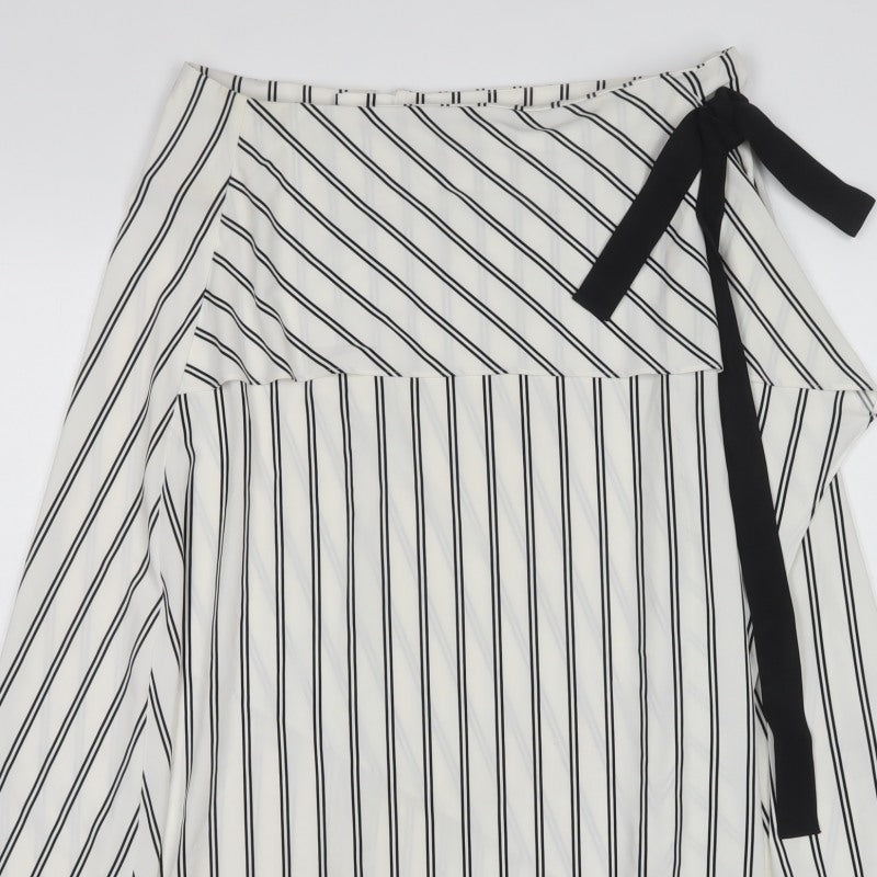 Marks & Spencer Women White Stripe UK 14 Wrap A-Line Midi Skirt