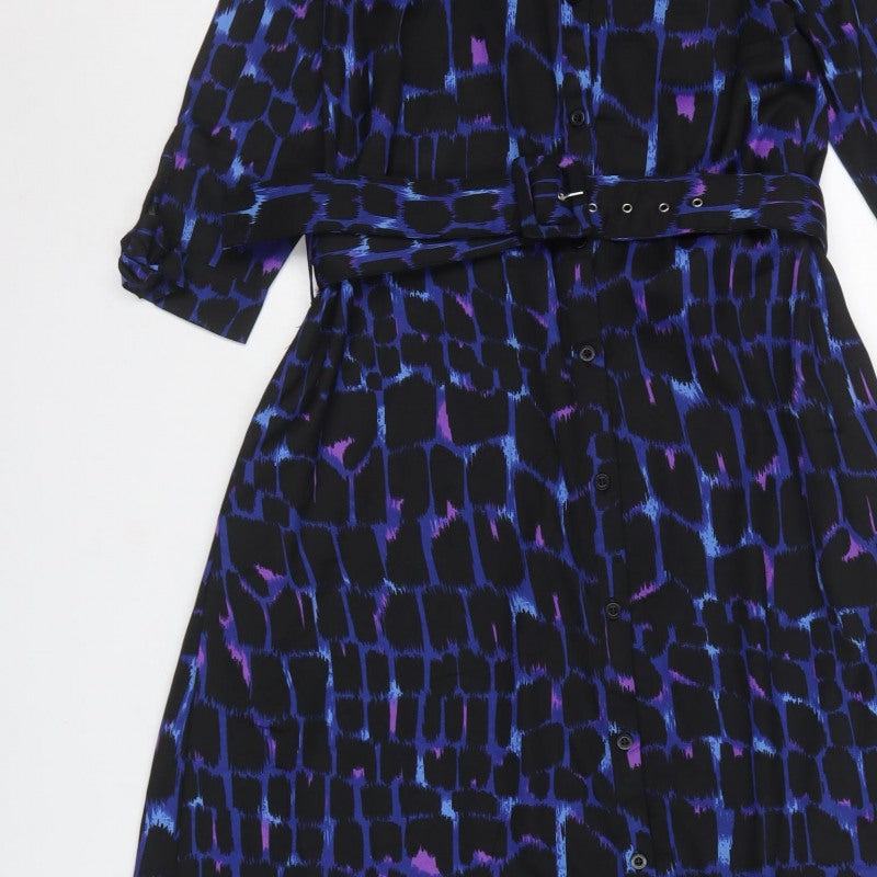 Dancing Leopard Women Black Blue Geometric Belted Shirt Maxi Dress UK 10