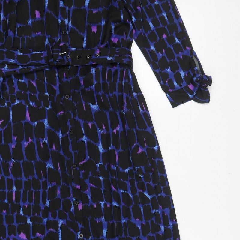 Dancing Leopard Women Black Blue Geometric Belted Shirt Maxi Dress UK 10