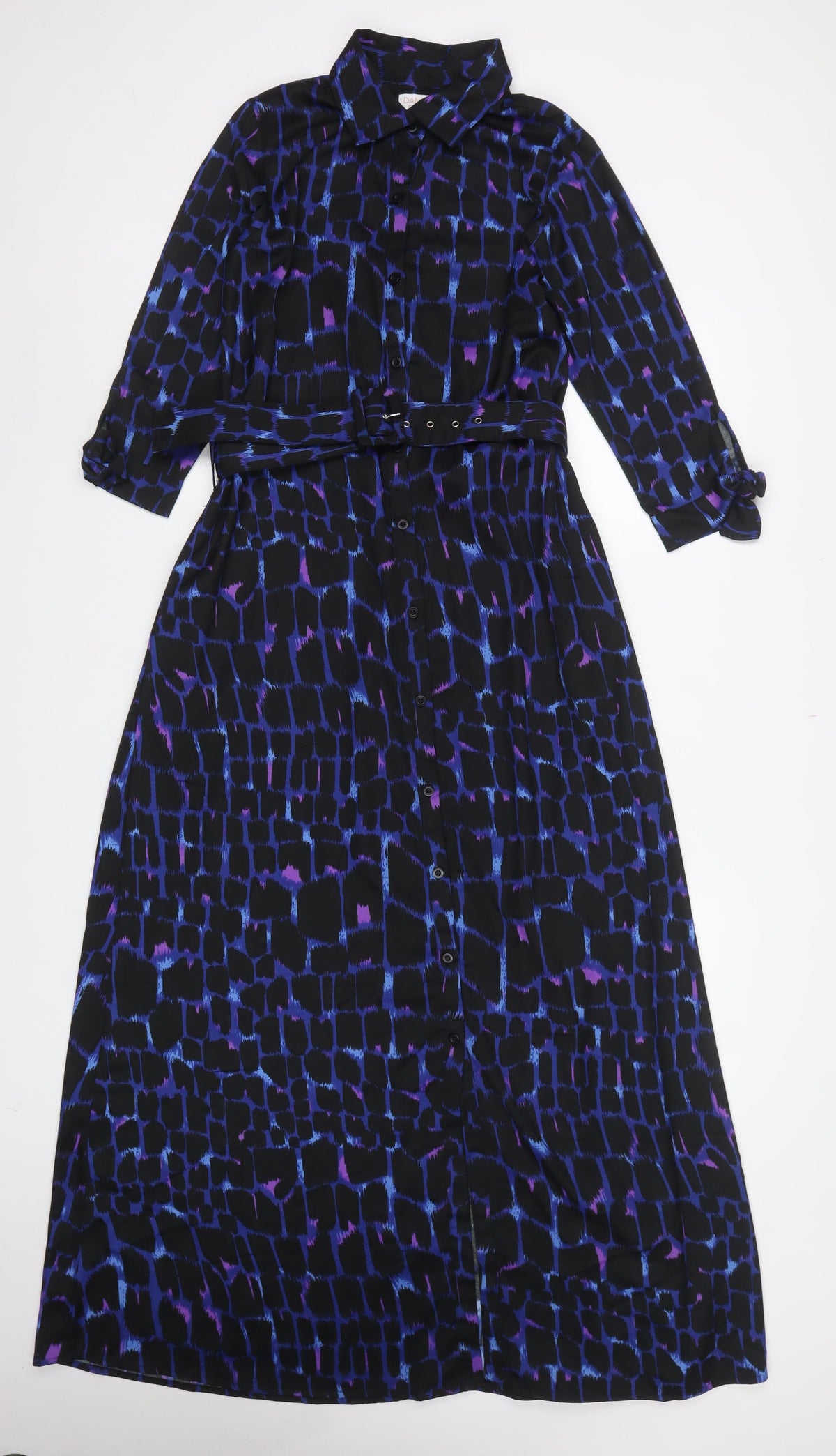 Dancing Leopard Women Black Blue Geometric Belted Shirt Maxi Dress UK 10