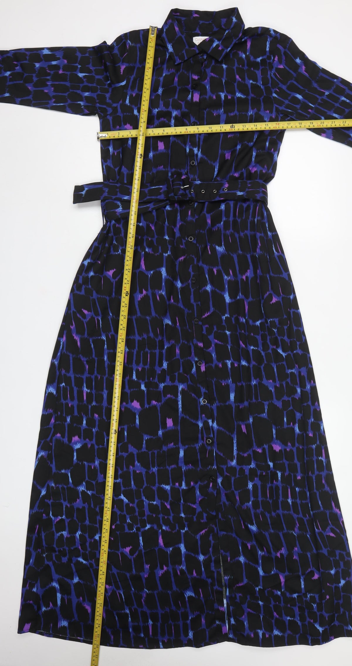Dancing Leopard Women Black Blue Geometric Belted Shirt Maxi Dress UK 10