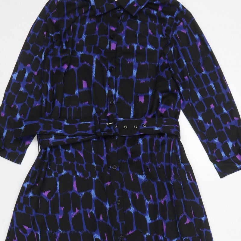 Dancing Leopard Women Black Blue Geometric Belted Shirt Maxi Dress UK 10