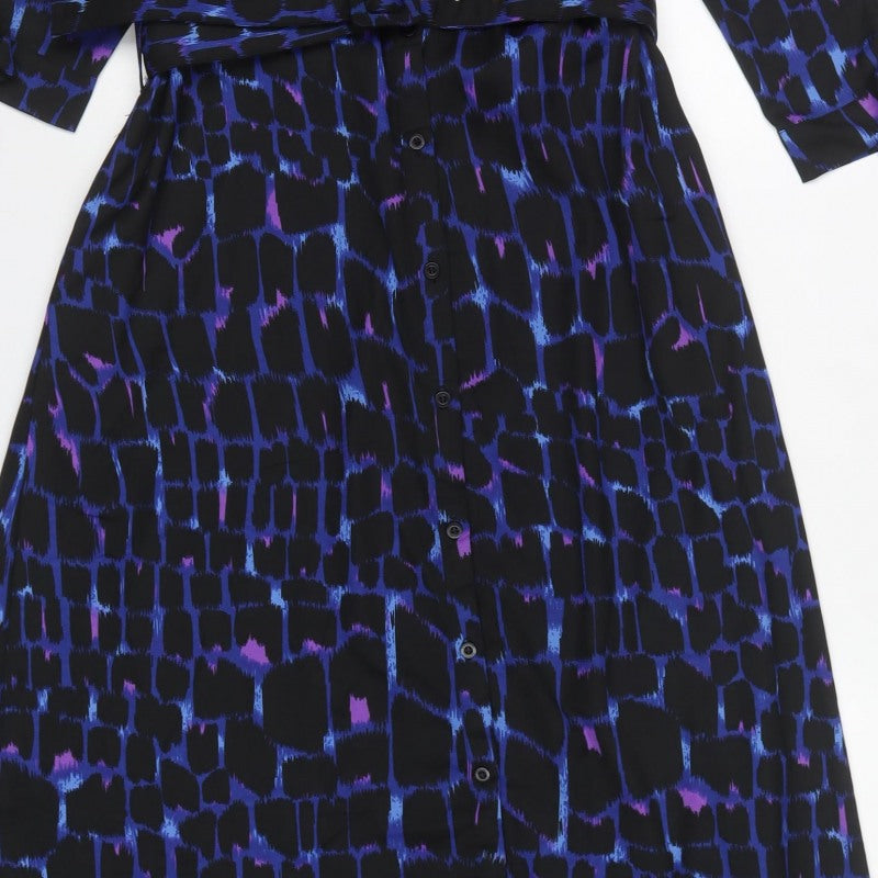 Dancing Leopard Women Black Blue Geometric Belted Shirt Maxi Dress UK 10
