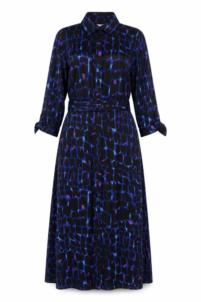 Dancing Leopard Women Black Blue Geometric Belted Shirt Maxi Dress UK 10