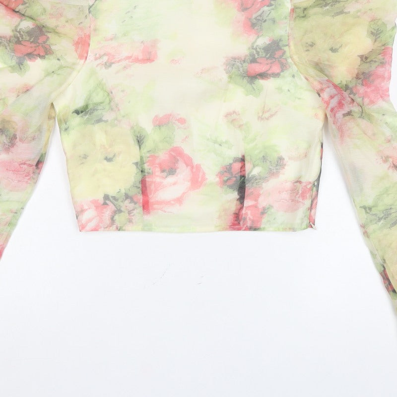River Island Women Multicoloured UK 8 Cropped Floral Mesh Ruffle Blouse