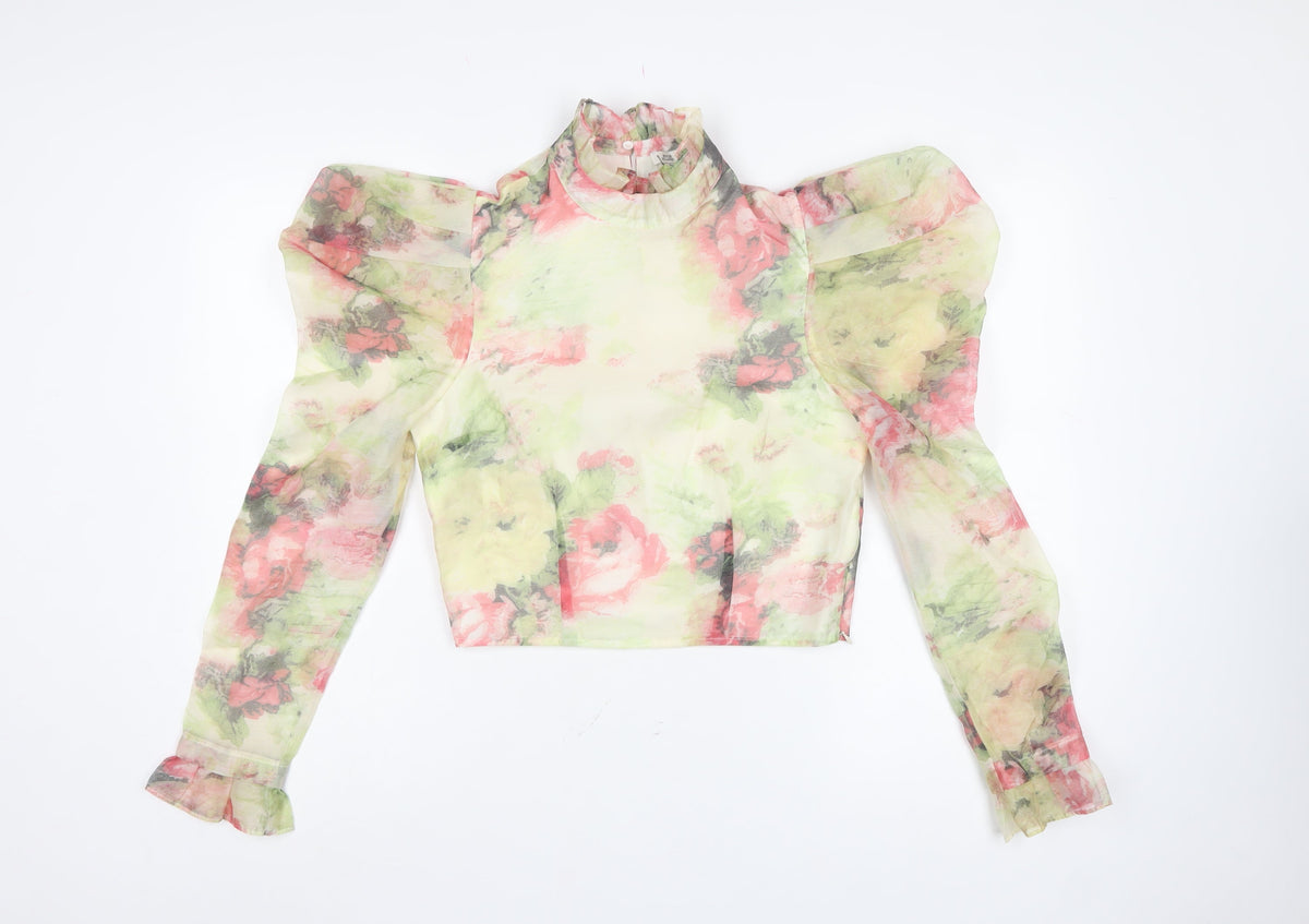 River Island Women Multicoloured UK 8 Cropped Floral Mesh Ruffle Blouse