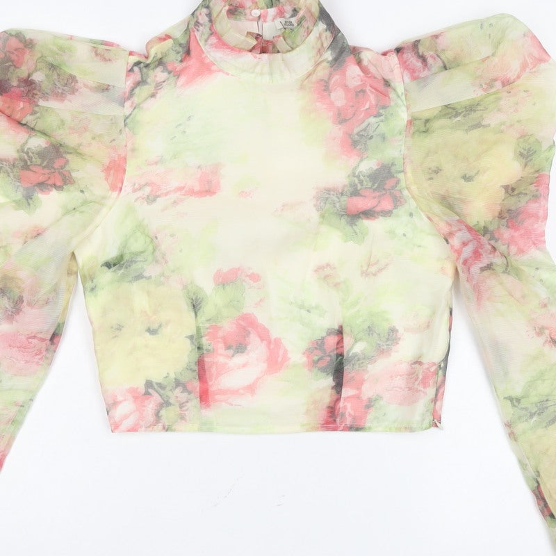 River Island Women Multicoloured UK 8 Cropped Floral Mesh Ruffle Blouse