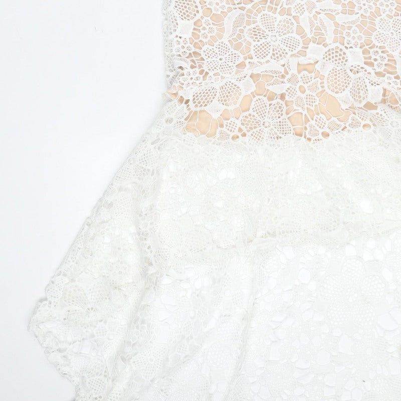 Quiz Women White Lace Halterneck Mermaid Hi-Low Dress UK 8