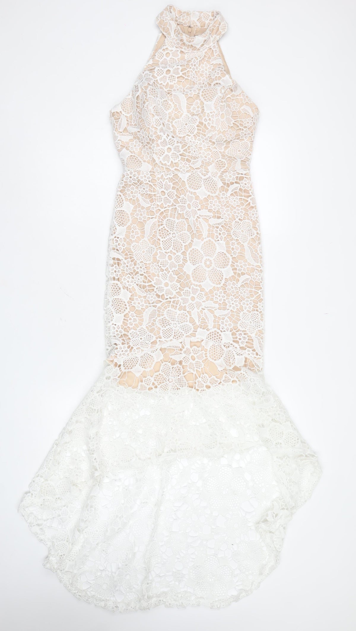 Quiz Women White Lace Halterneck Mermaid Hi-Low Dress UK 8