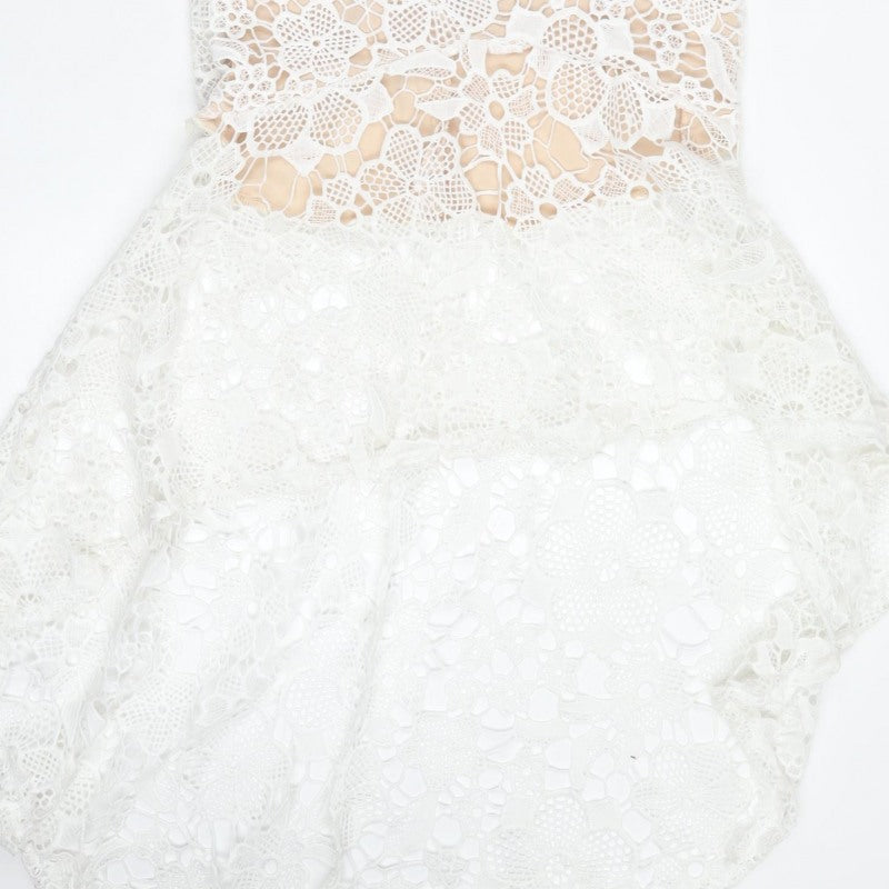 Quiz Women White Lace Halterneck Mermaid Hi-Low Dress UK 8